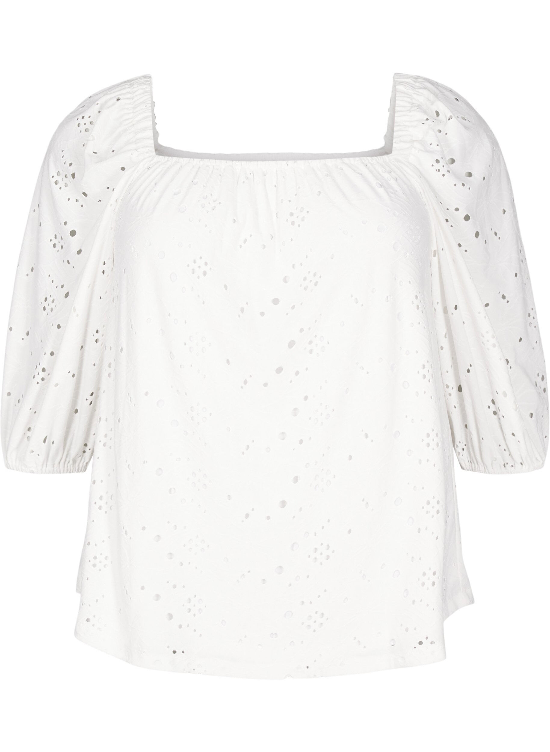 Zizzi Blouse met korte pofmouwen en een opengewerkt patroon, Wit, Packshot image number 0