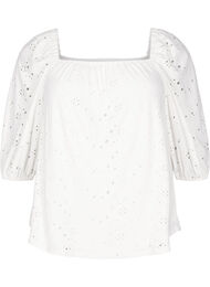 Blouse met korte pofmouwen en een opengewerkt patroon, Wit