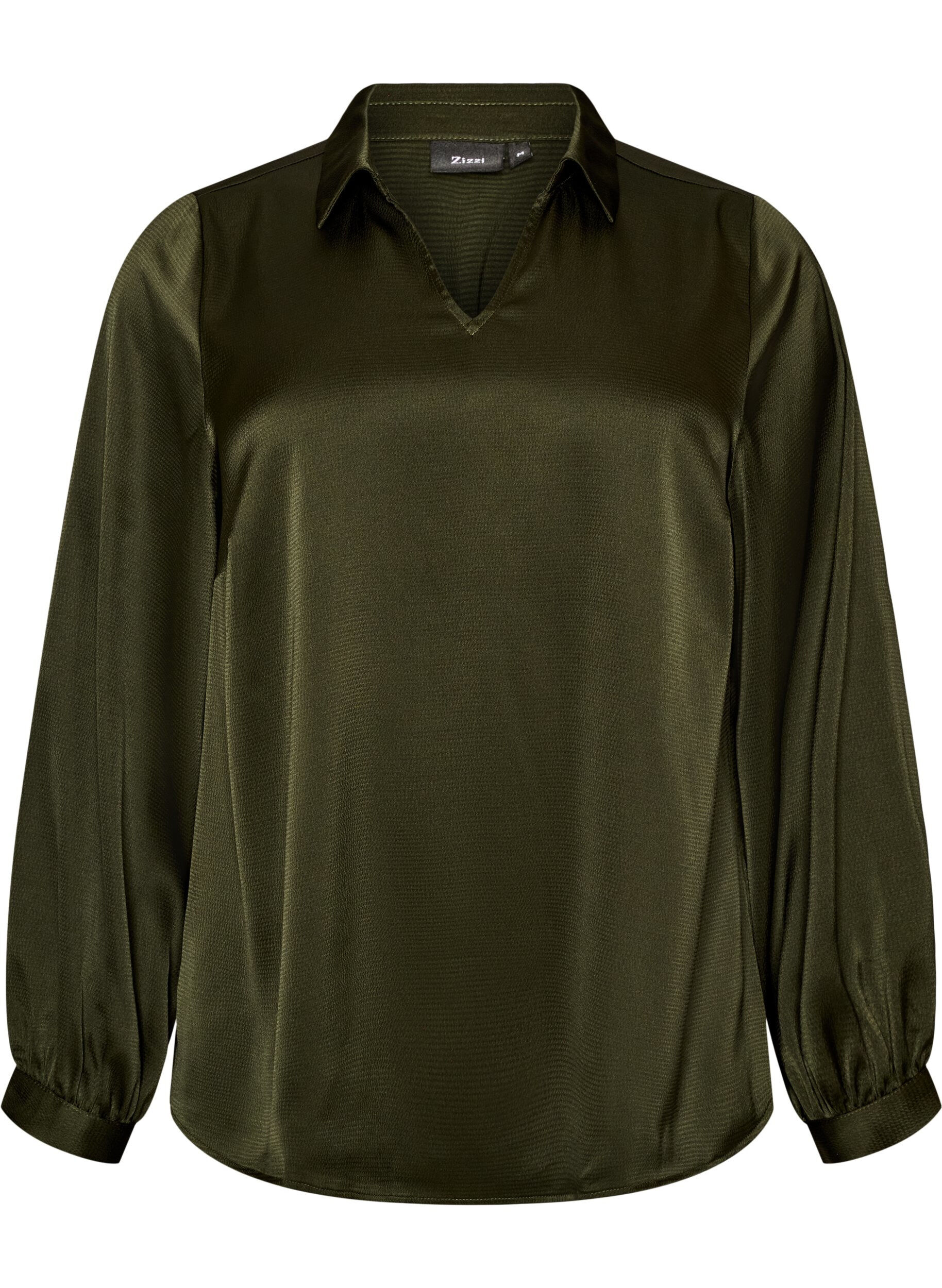 ZizziBlouse met overhemdkraag en V-hals, Groen, Packshot image number 0