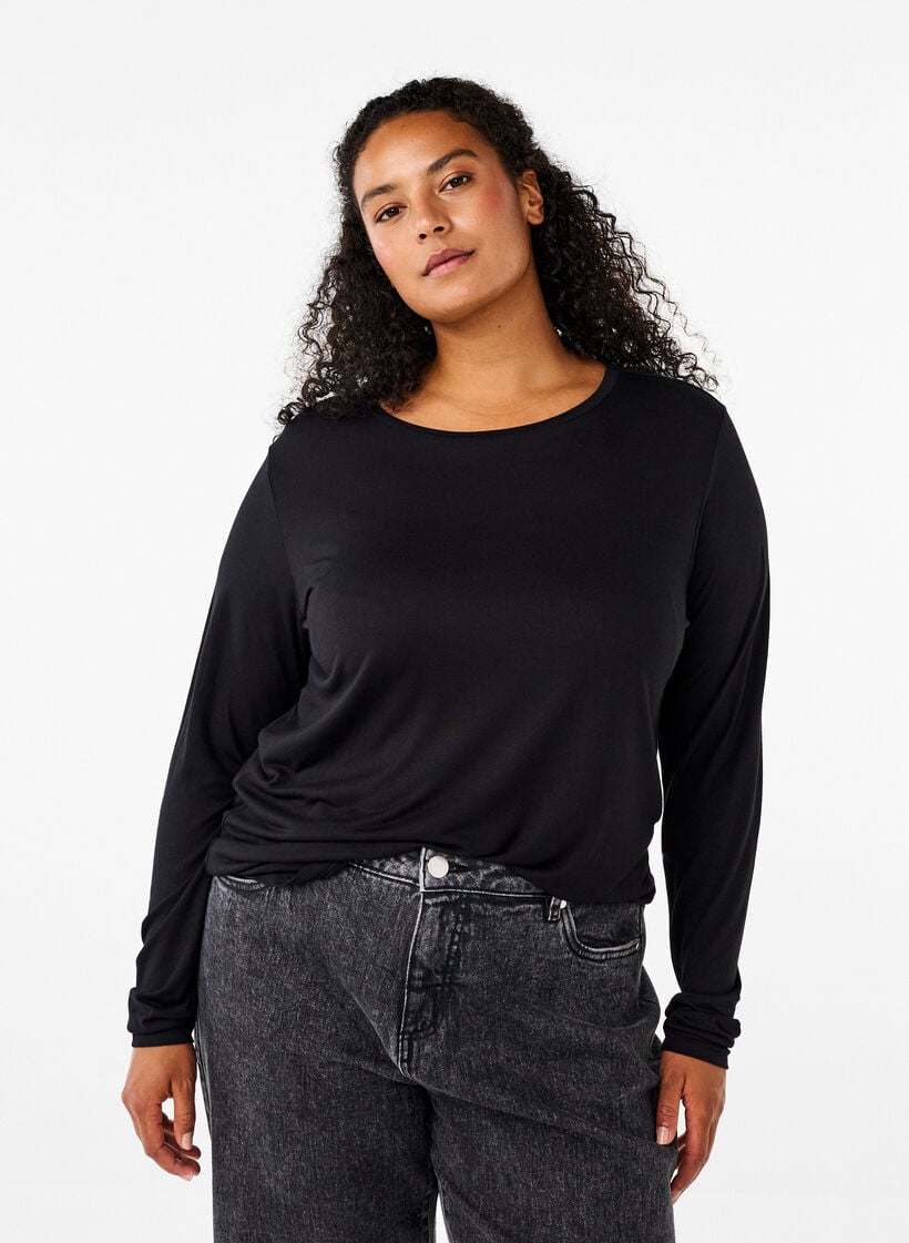 Blouse met lange mouwen van wol en viscose, Zwart, Model image number 0