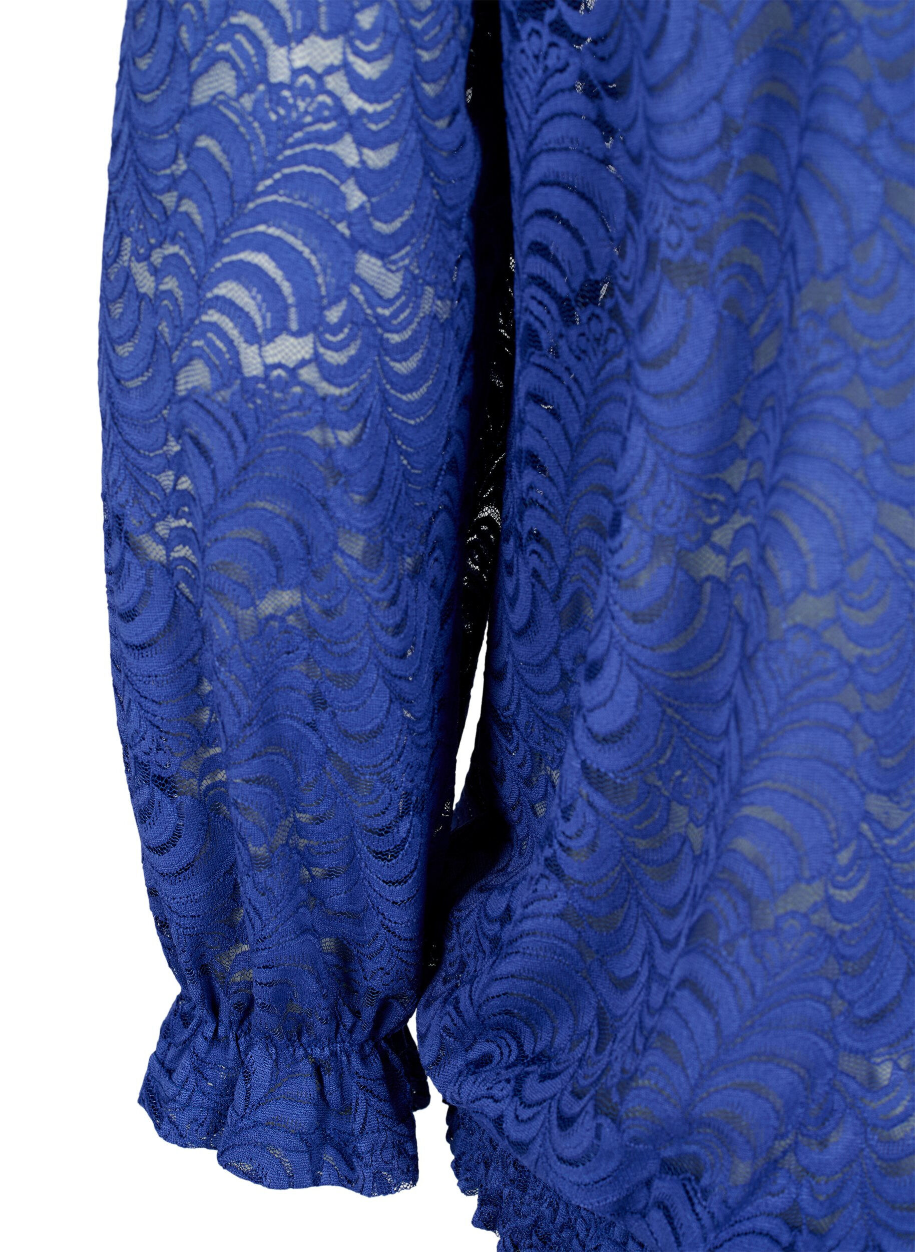 Zizzi Kanten blouse met lange mouwen en smok, Deep Ultramarine, Packshot image number 3