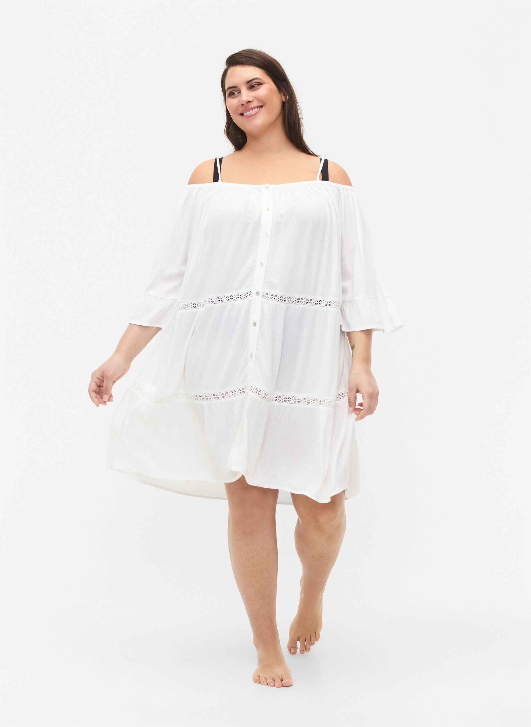 Zizzi Strandtuniek met off-shoulder, White, Model image number 2