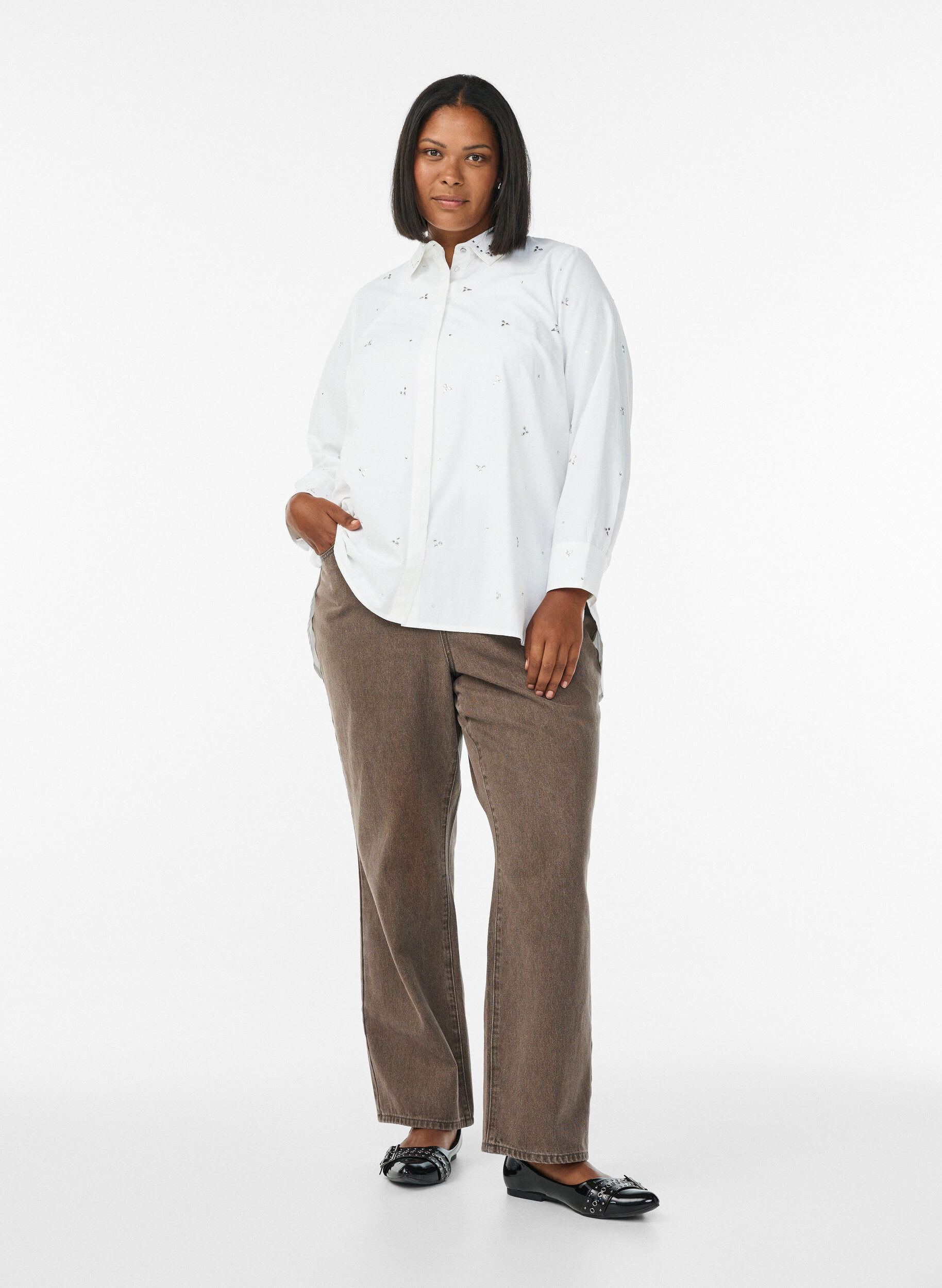 Zizzi Shirt met strassteentjes, Wit, Model image number 1