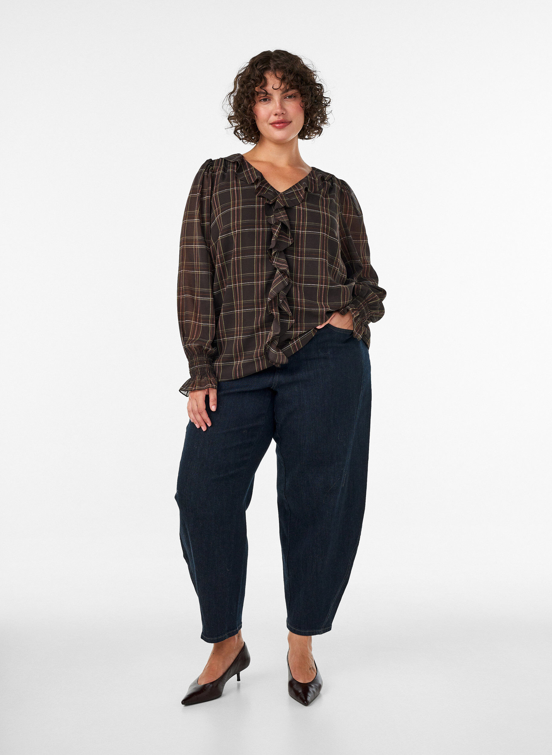 ZizziBlouse met ruit en ruches details, Groen, Model image number 1