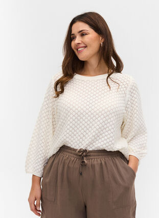 Gebreide blouse met patroon van biologisch katoen met 3/4 mouwen, Cloud Dancer, Model image number 0