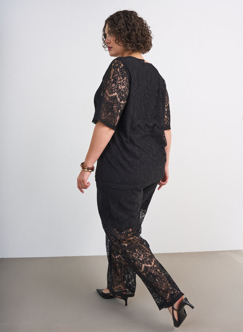 Kanten broek met rechte pijpen en een binnenbroekje, Zwart, Model image number 1