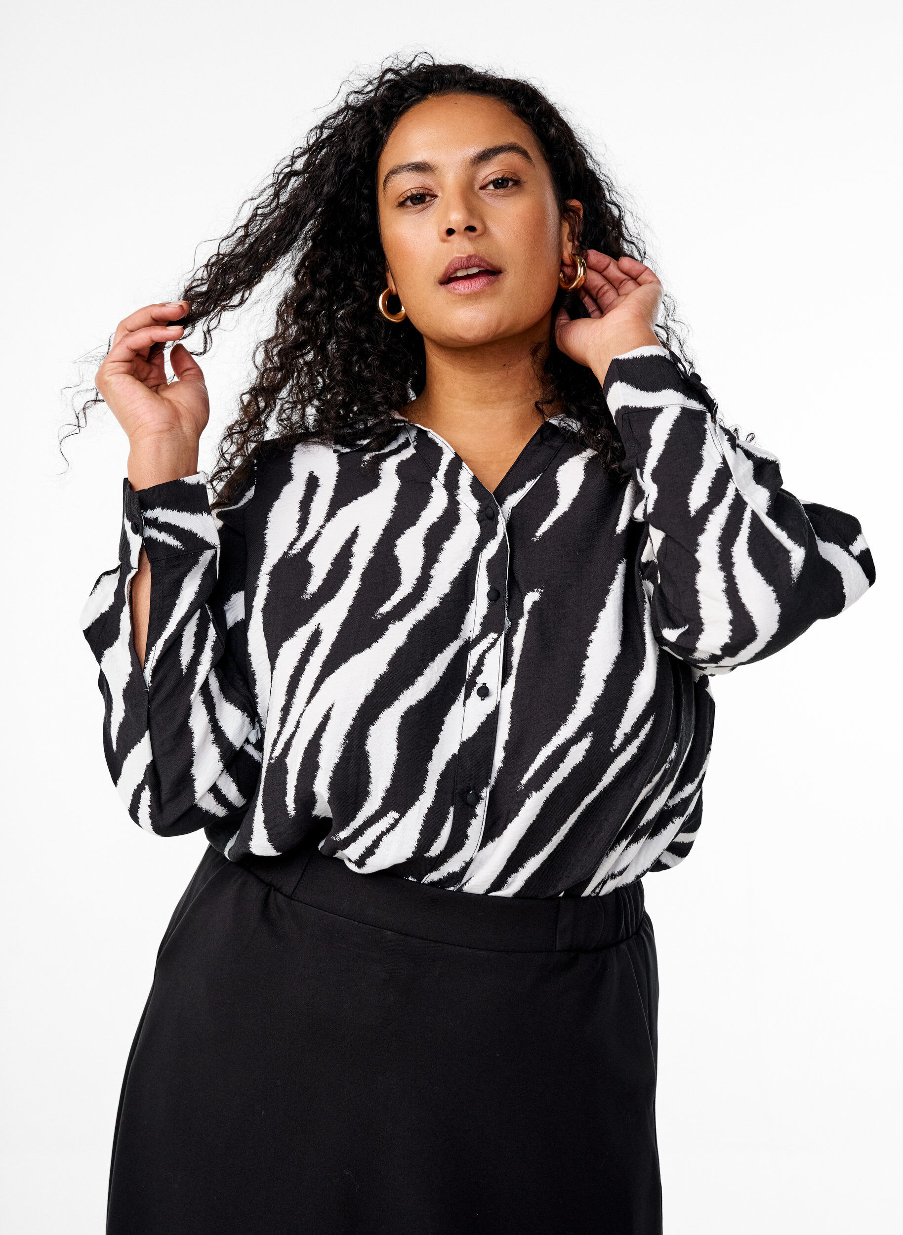 Zizzi Zebraprint overhemd, Zwart, Model image number 0