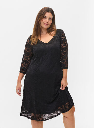 Kanten jurk met 3/4 mouwen, Black, Model image number 0