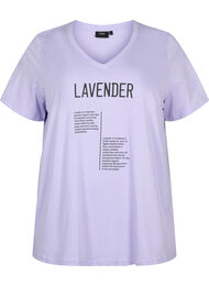 Katoenen t-shirt met v-hals en tekstopdruk, Lavender w. Text