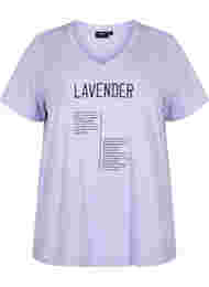 Katoenen t-shirt met v-hals en tekstopdruk, Lavender w. Text