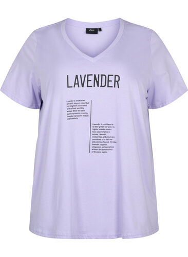 Katoenen t-shirt met v-hals en tekstopdruk, Lavender w. Text, Packshot image number 0