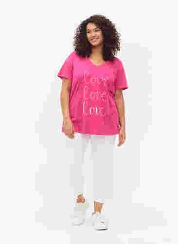 Katoenen t-shirt met v-hals en opdruk, Fuchsia Purple Love, Model image number 2