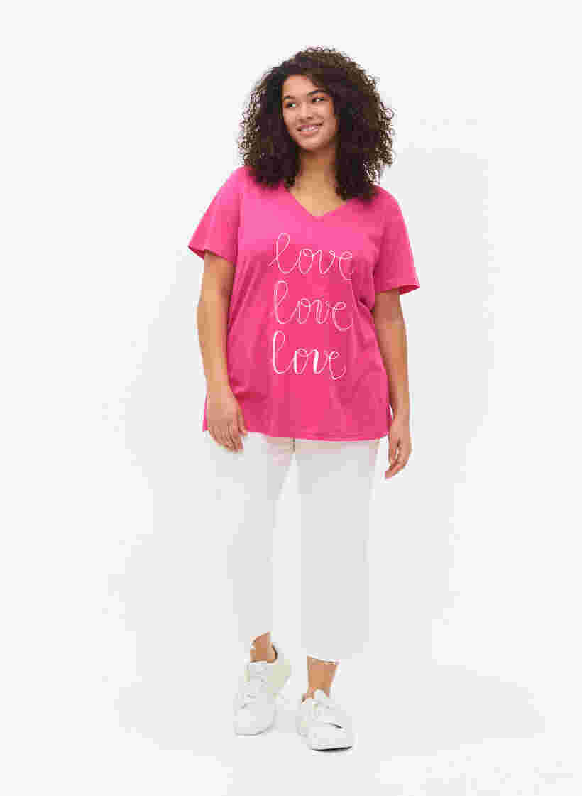 Katoenen t-shirt met v-hals en opdruk, Fuchsia Purple Love, Model image number 2