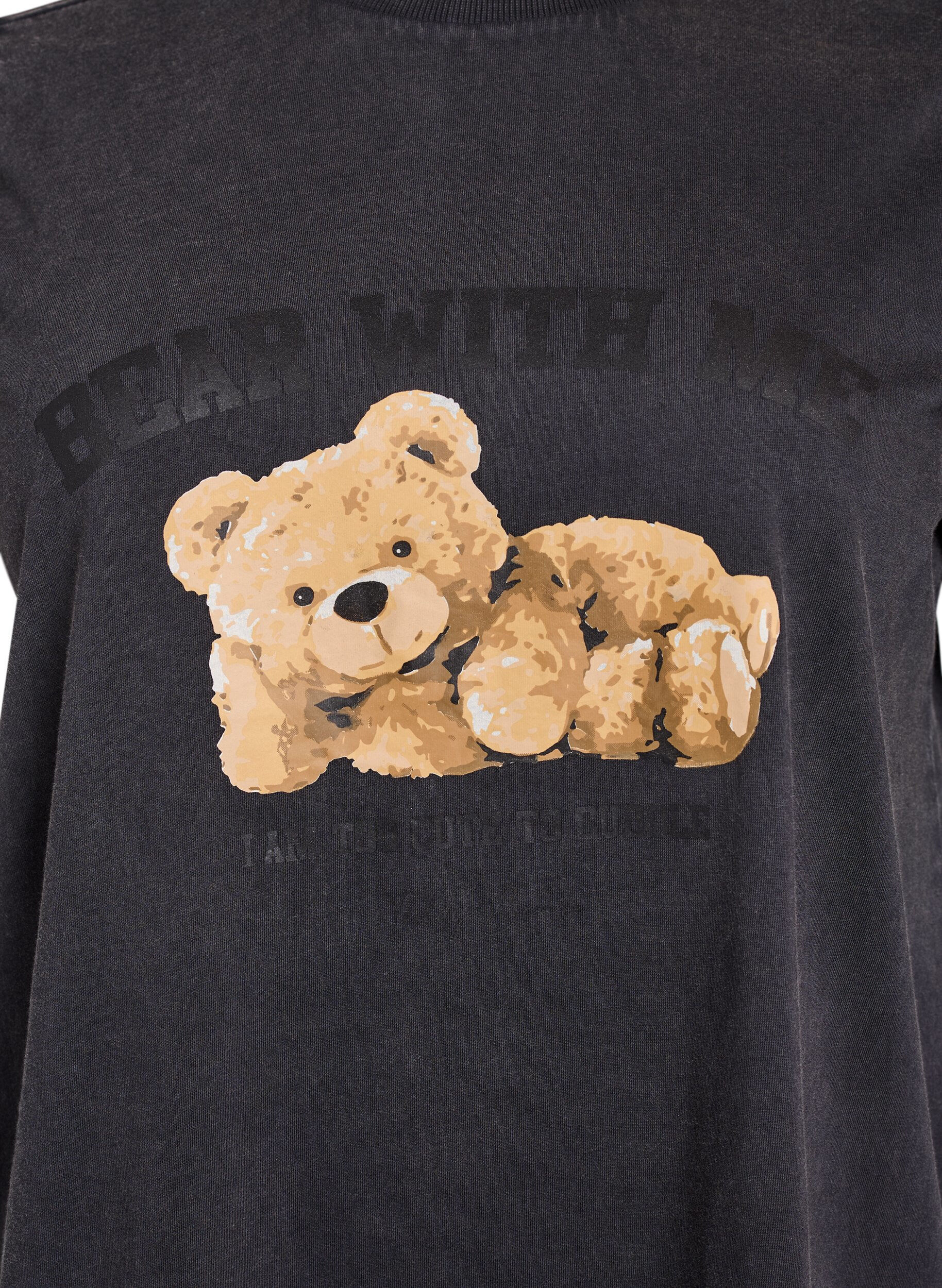 Zizzi T-shirt met teddybeerprint en gewassen look, Grijs, Packshot image number 2