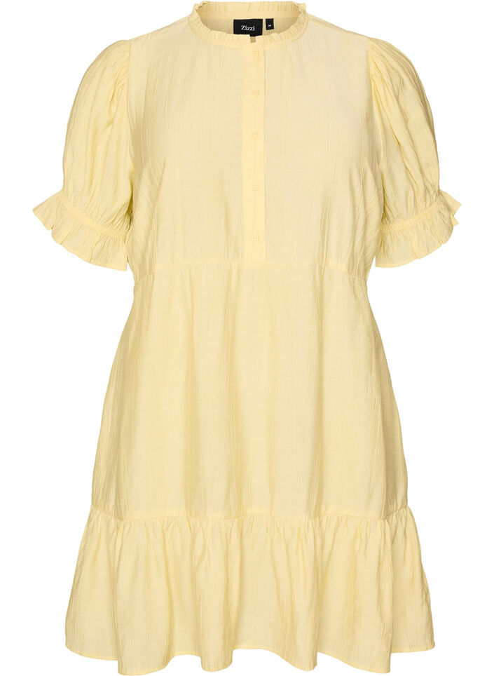 Korte viscose jurk met ruchesdetails, Geel, Packshot image number 0