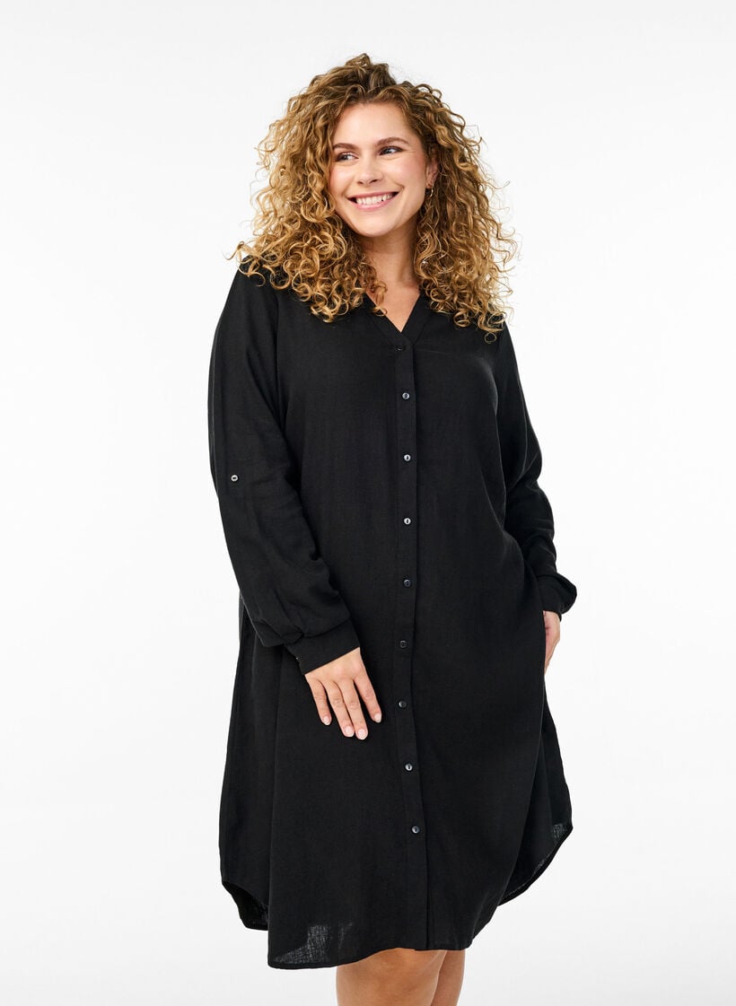 Lange shirt in linnen en viscose, Zwart, Model image number 0