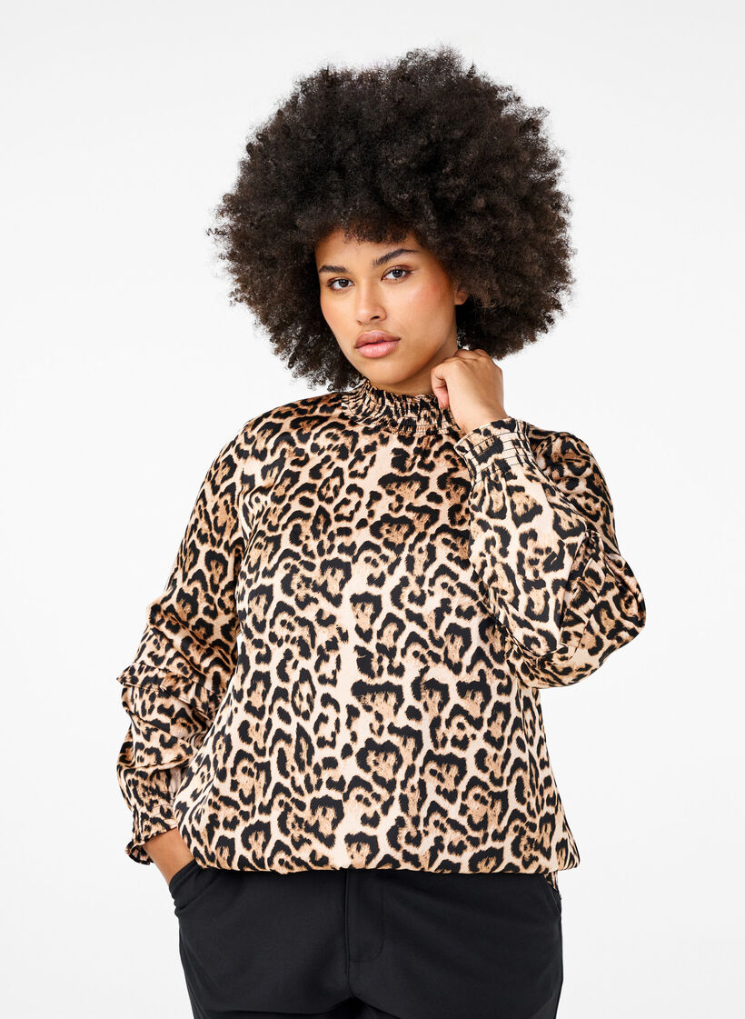 Gerimpelde blouse met luipaardprint, Bruin, Model image number 0