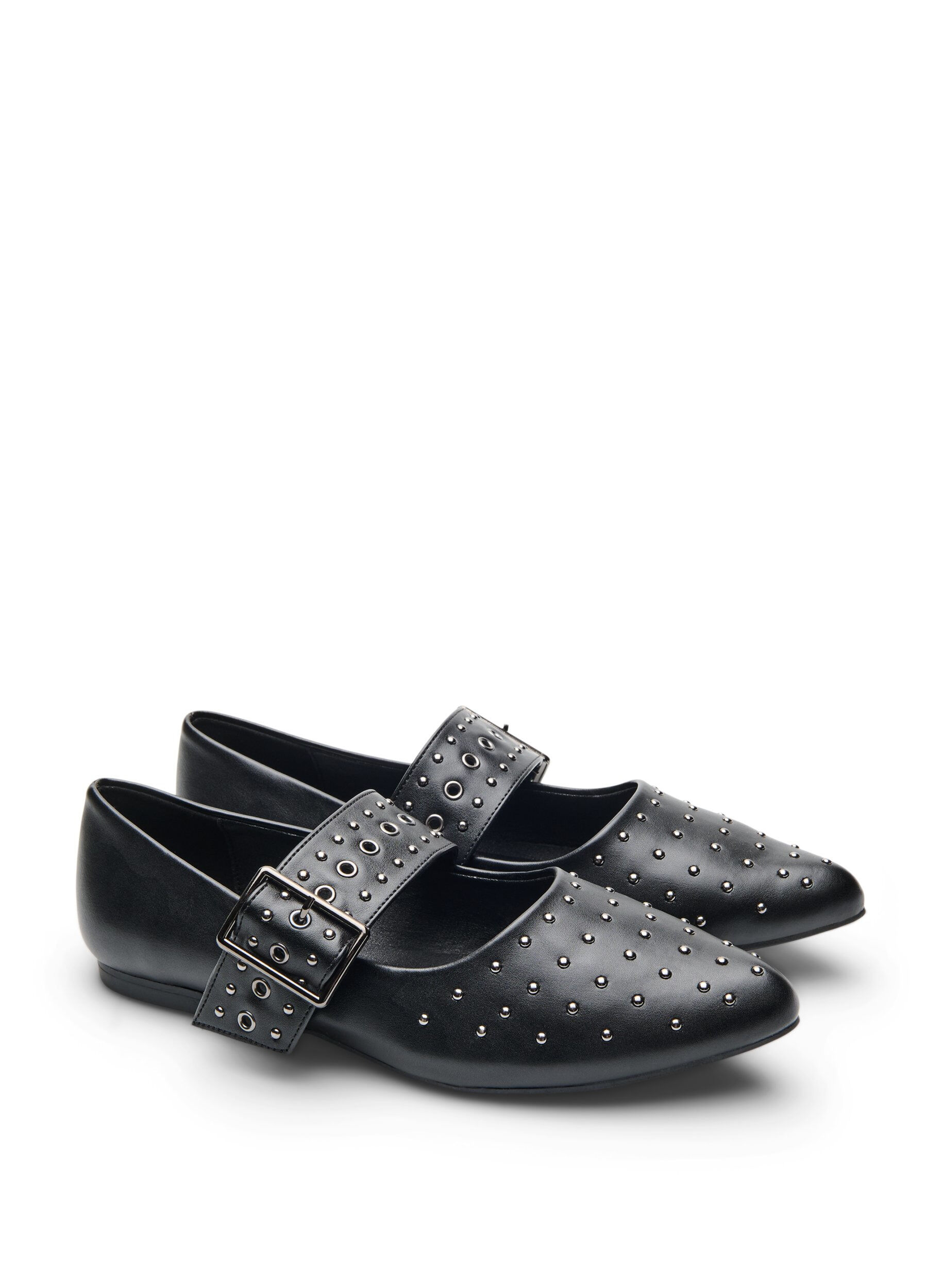 Zizzi Wide fit - Gepunte ballerina met gesp en studs, Zwart, Packshot image number 1