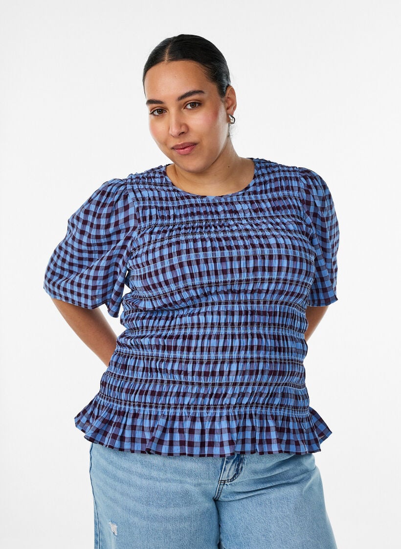Smockblouse met ginghamruit en rucherand, Blauw, Model image number 0