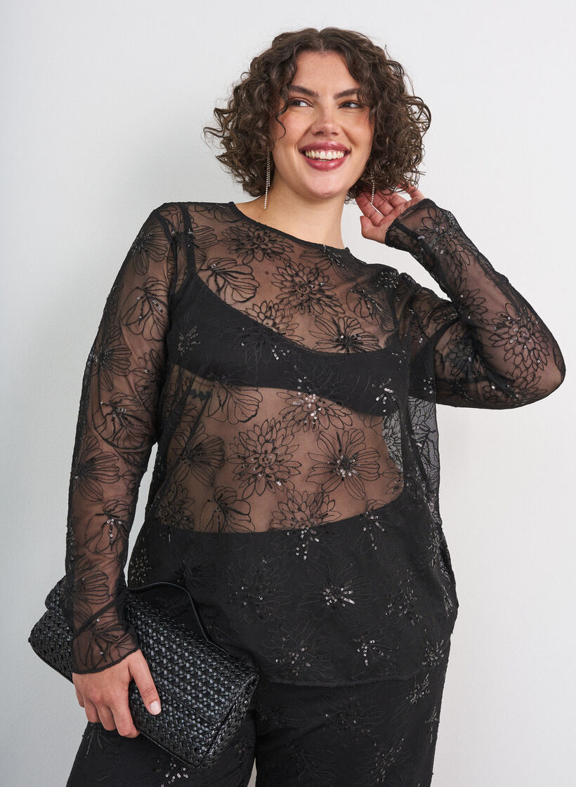 Mesh blouse met bloemen en pailletten, Zwart, Model image number 0