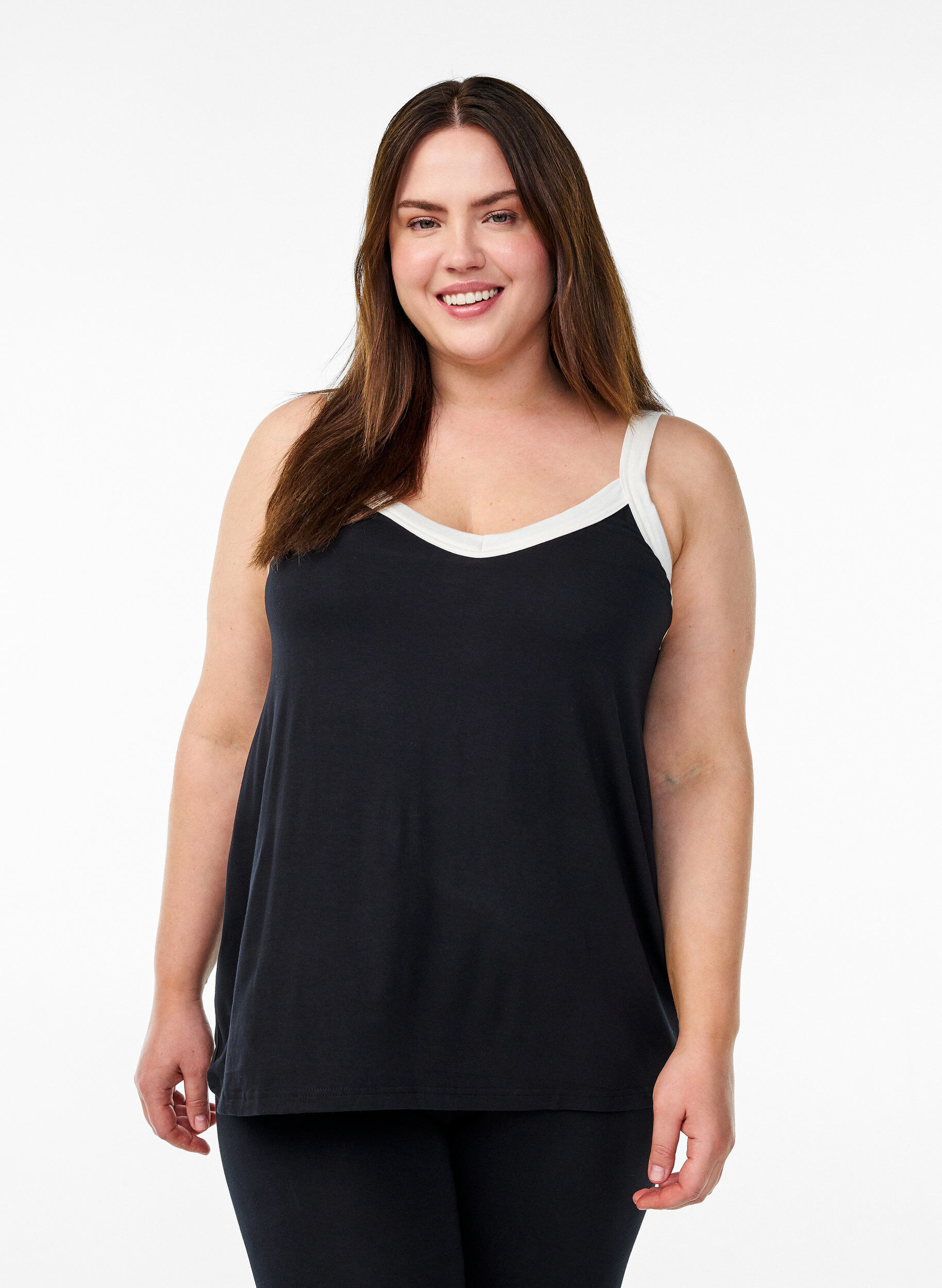 Nacht top met bandjes en V-hals, Zwart, Model