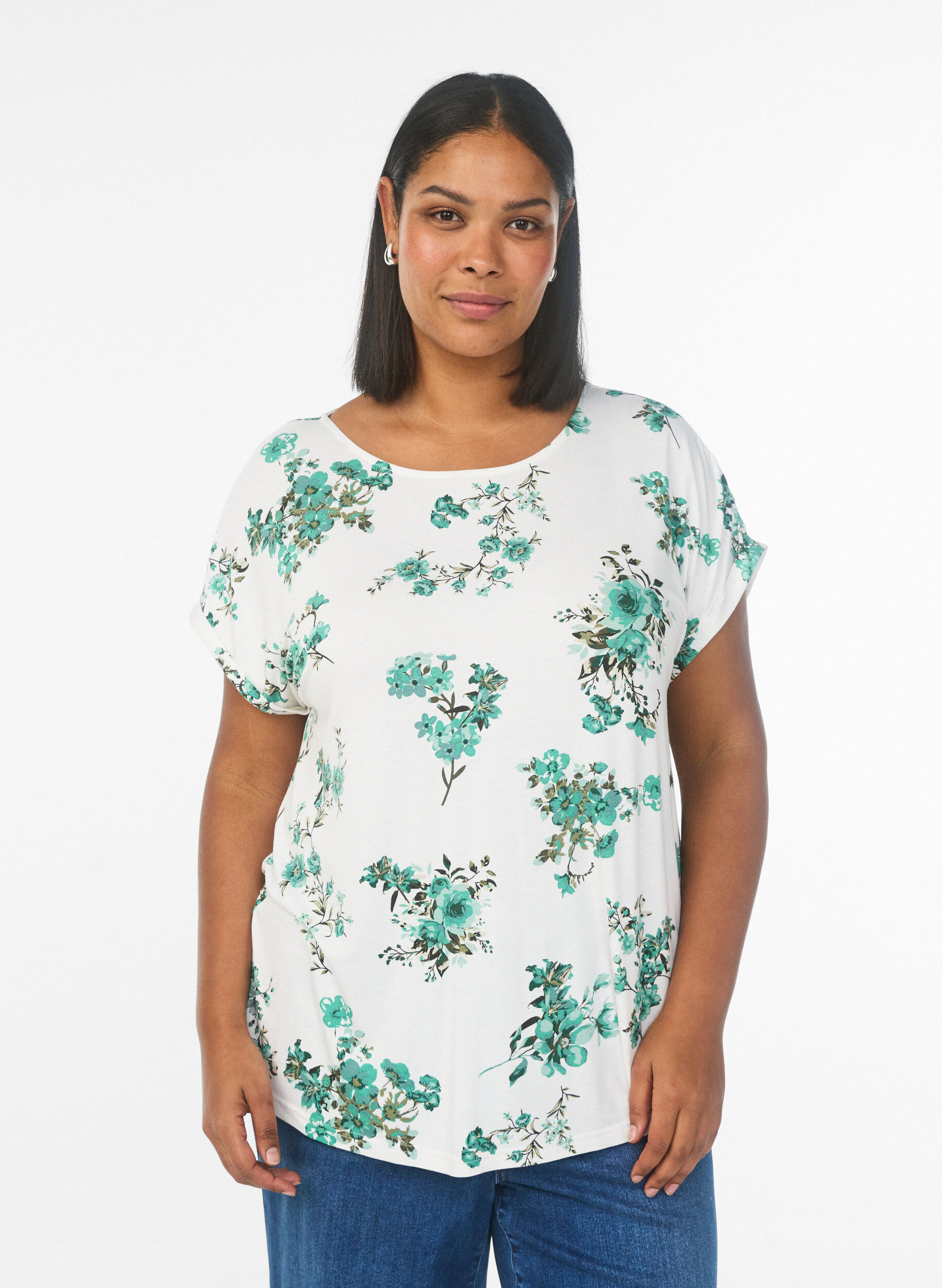Zizzi T-shirt met bloemenprint, Wit, Model image number 0