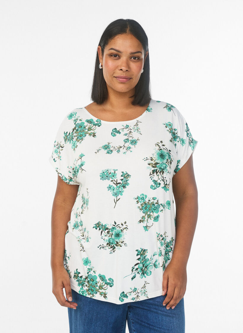 T-shirt met bloemenprint, Wit, Model image number 0