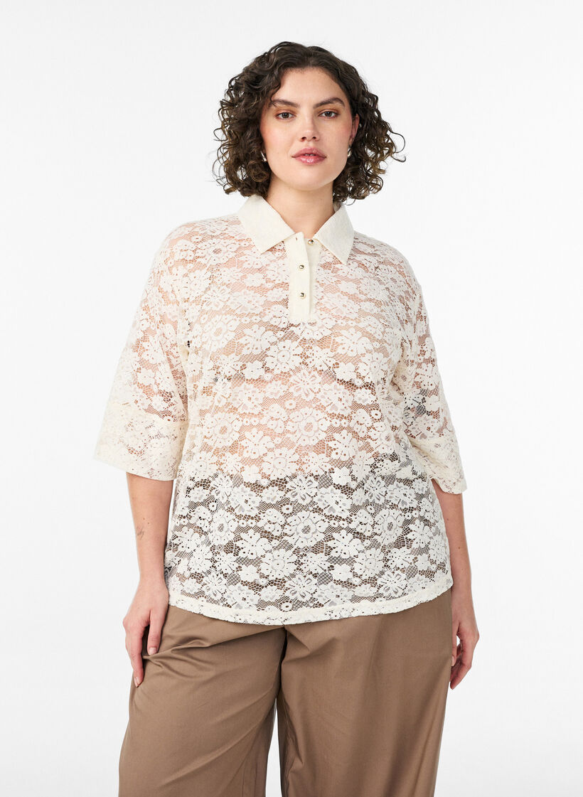 Kanten blouse met kraag en 1/2 mouwen, Vanille, Model image number 0