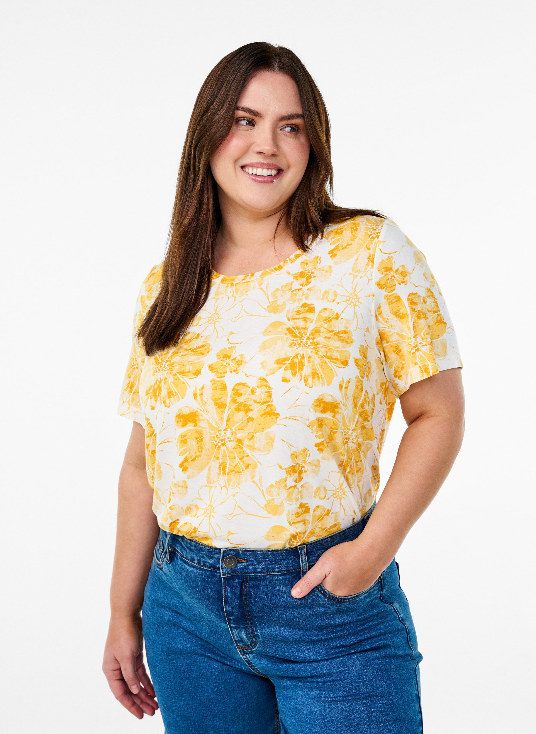 Zizzi T-shirt met bloemenprint, Geel, Model image number 0
