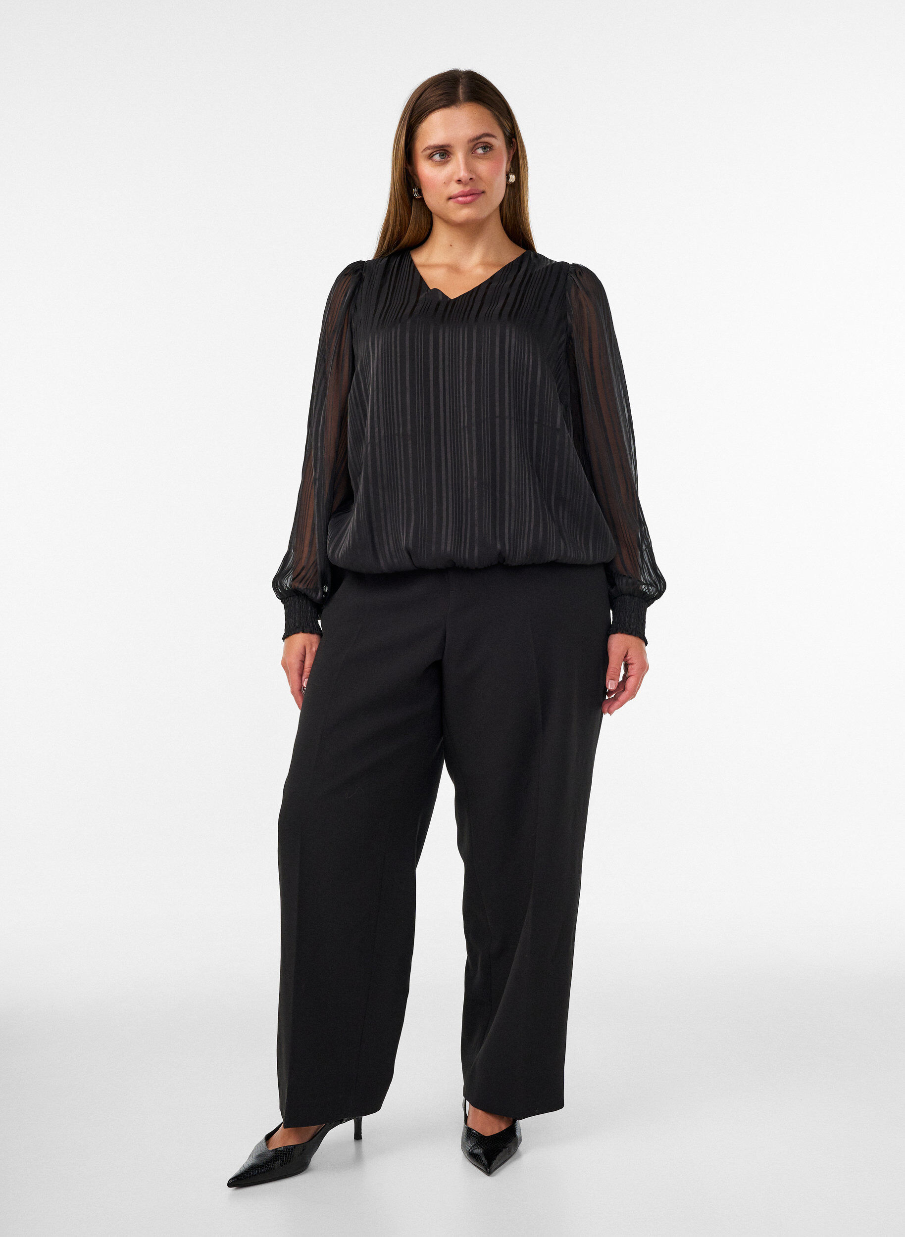 ZizziGestreepte blouse met ballonvorm, Zwart, Model image number 1