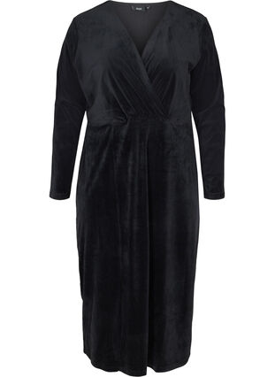Midi-jurk in velours met lange mouwen, Black, Packshot image number 0