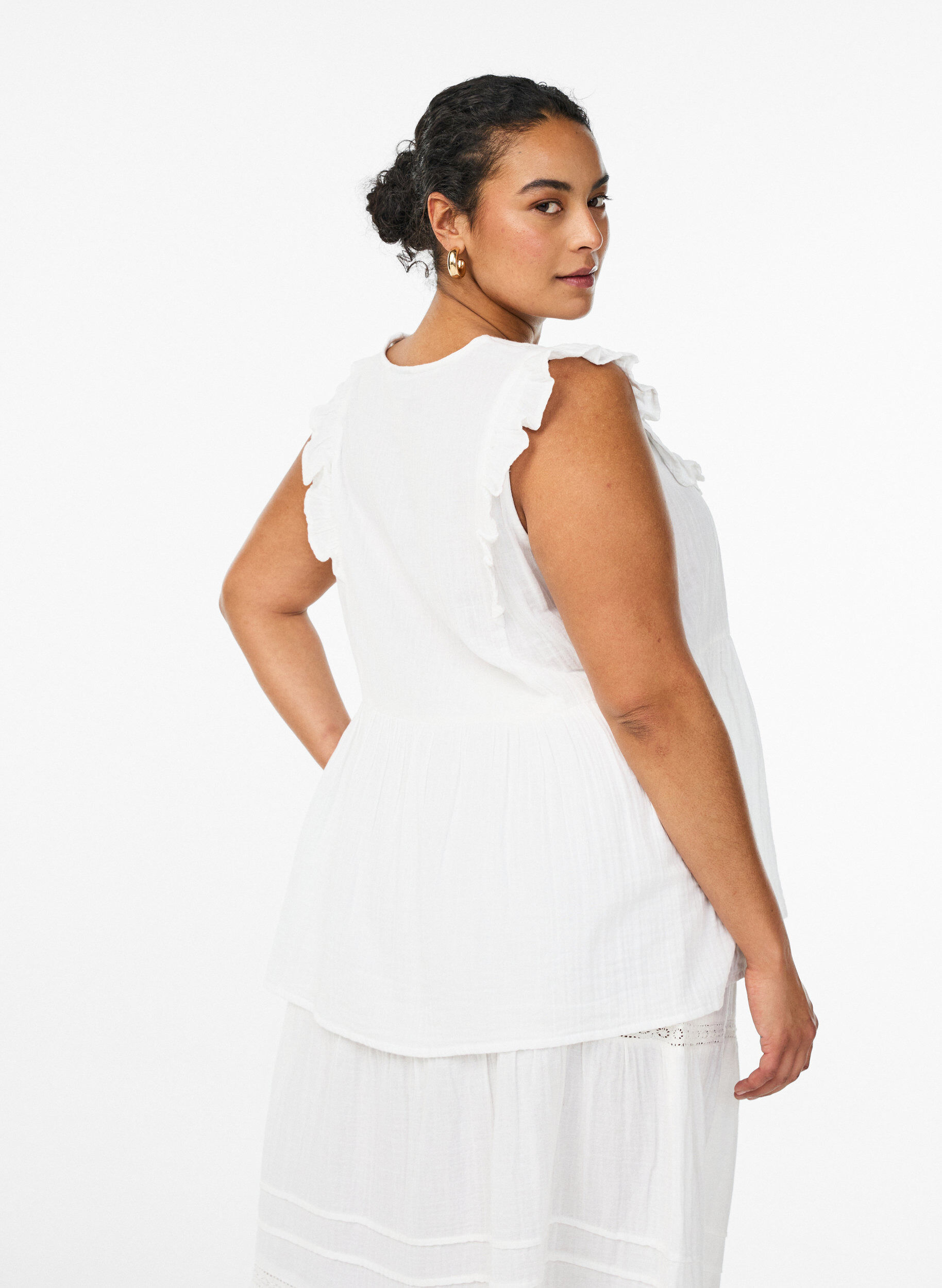 ZizziMouwloze blouse van katoen mousseline met ruches, Wit, Model image number 2