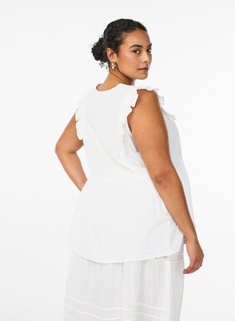 Mouwloze blouse van katoen mousseline met ruches, Wit, Model image number 2
