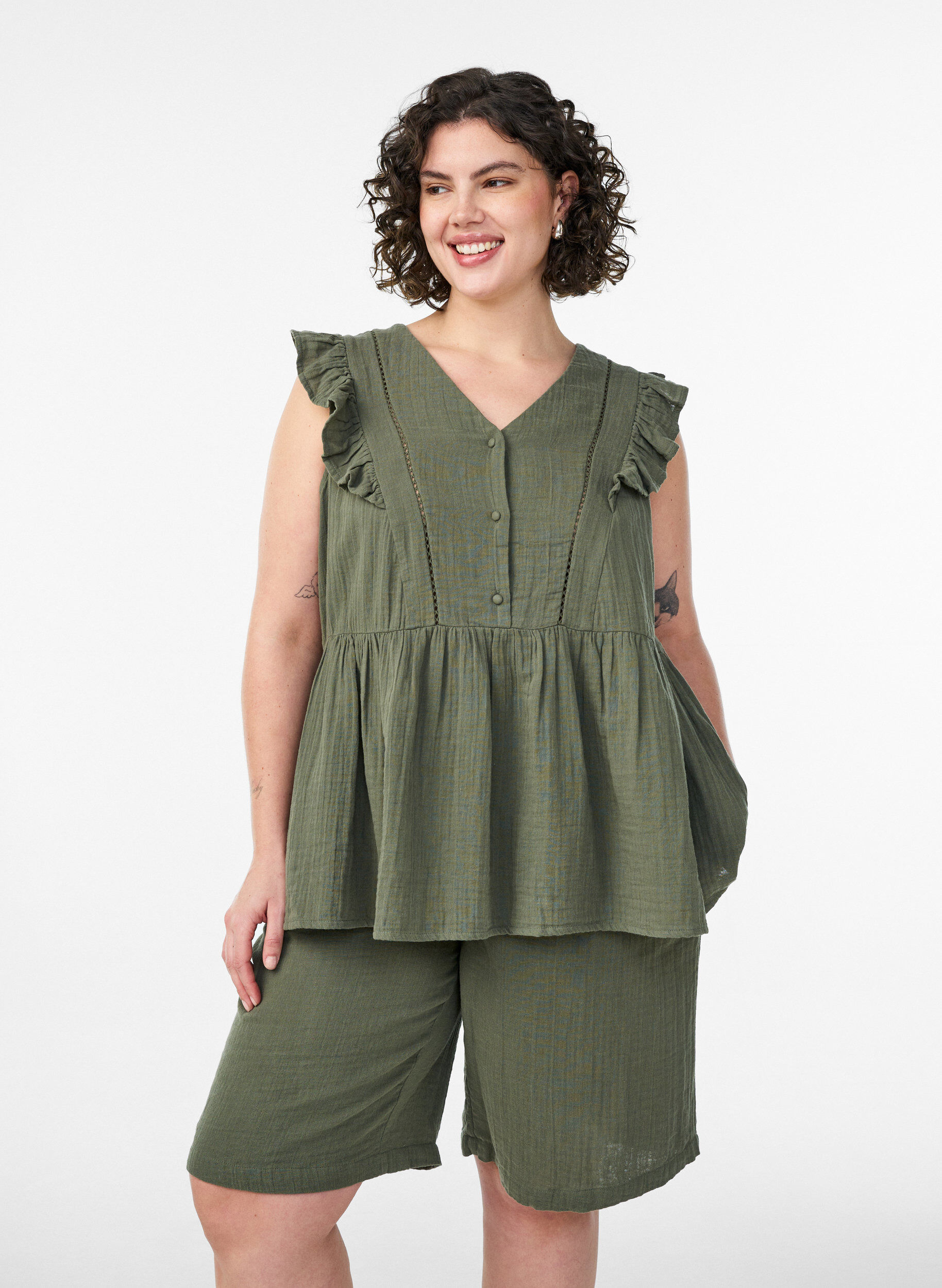 Los katoenen mousseline shorts met een hoge taille, Groen, Model