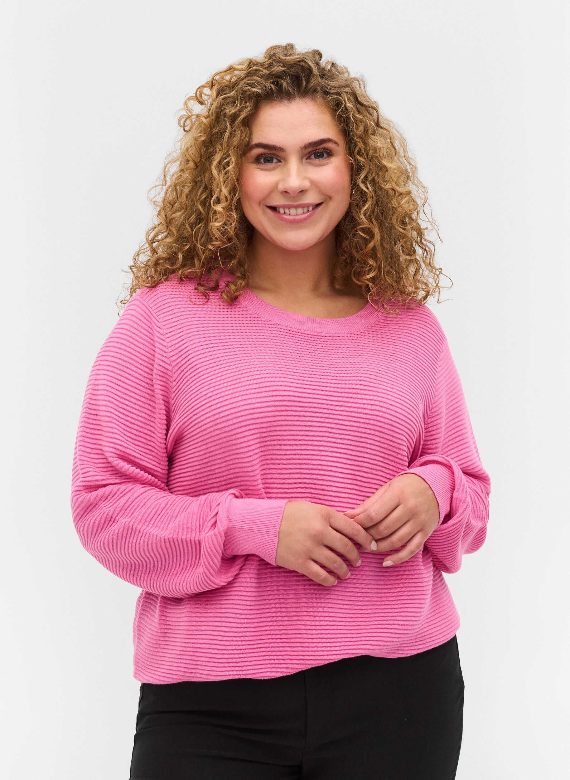 Zizzi Gebreide blouse met lange mouwen van biologisch katoen, Wild Orchid, Model image number 0