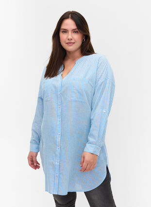 Gestreepte blouse in 100% katoen, Lichen Blue Stripe , Model image number 0