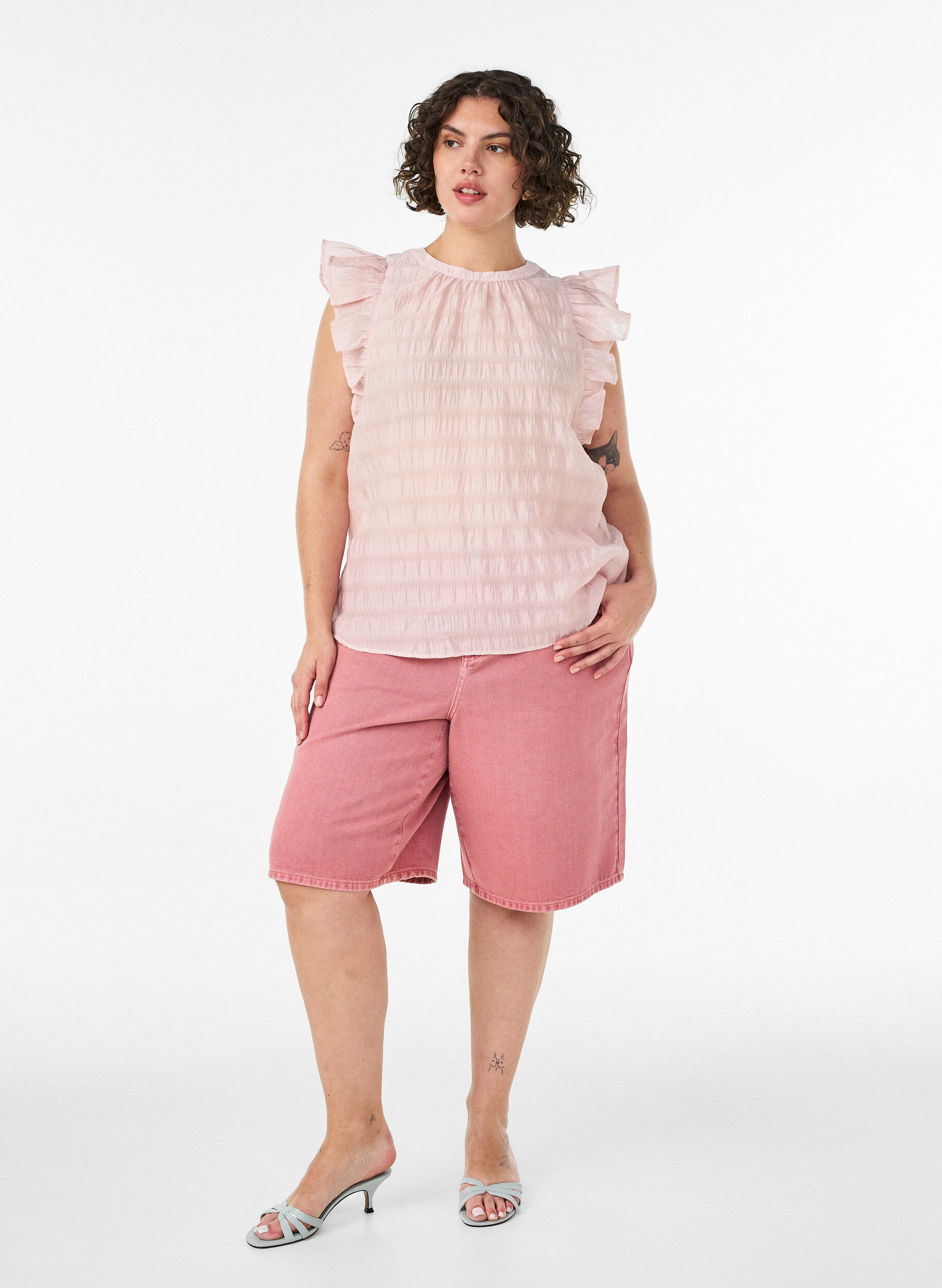 ZizziBlouse met textuur en ruches zonder mouwen, Roze, Model image number 1
