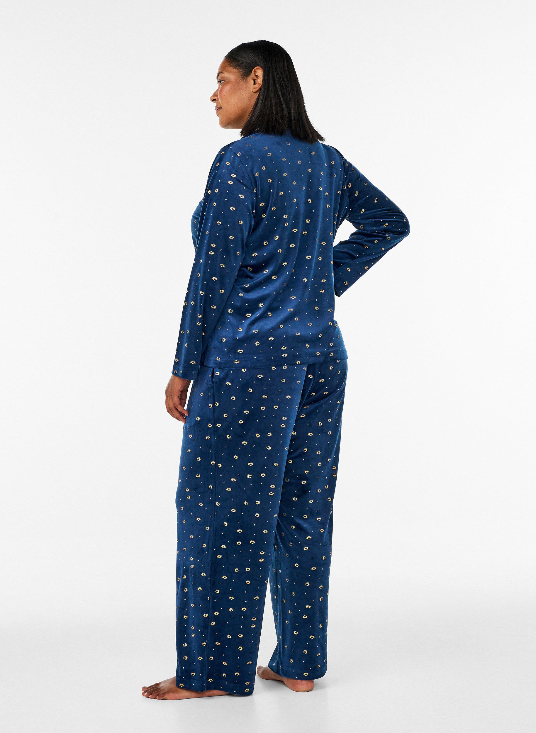 ZizziVelours pyjamabroek met all-over print, Blauw, Model image number 1