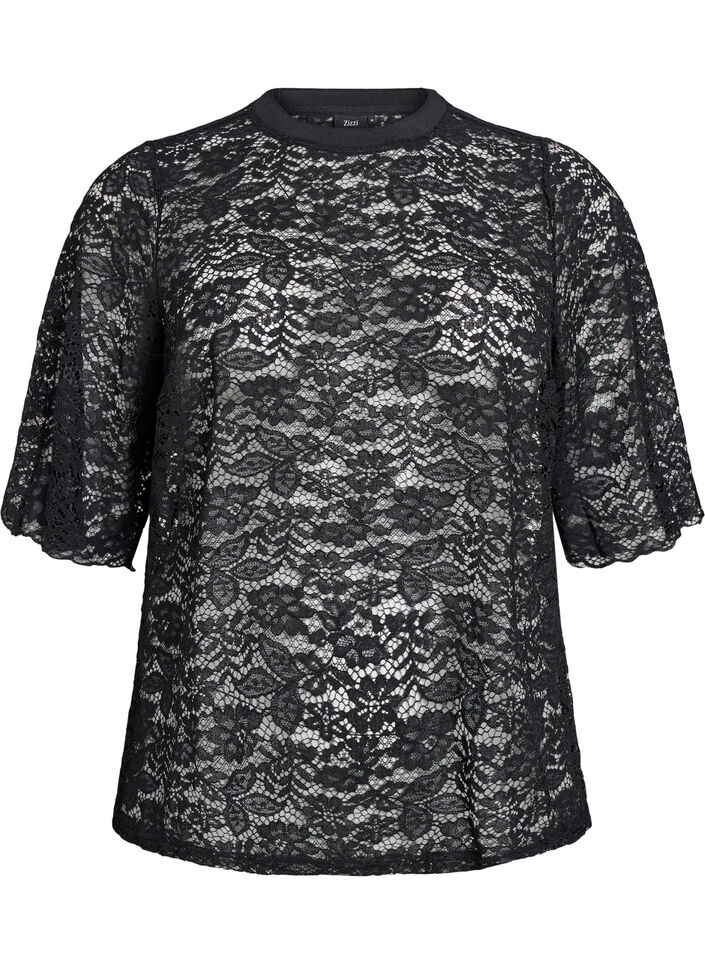 Kanten blouse met korte mouwen en ronde hals, Zwart, Packshot