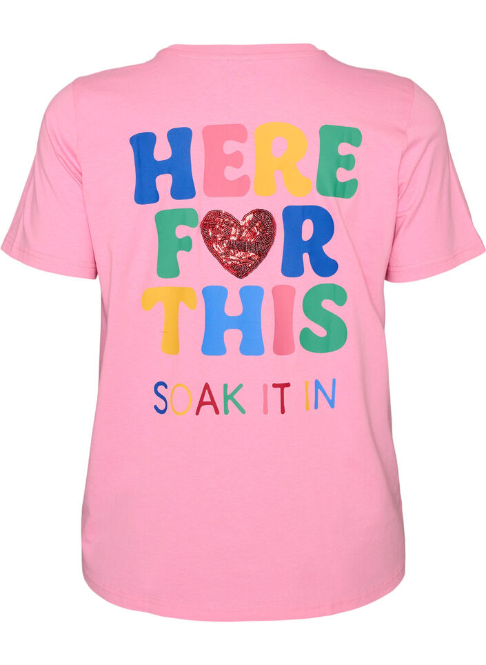 T-shirt met pailletten hart en kleurrijke achterprint, Roze, Packshot image number 1