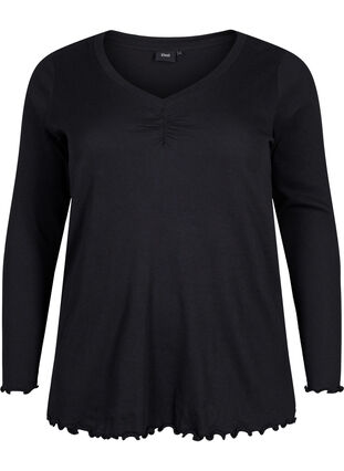 Geribde blouse met lange mouwen en een V-hals, Black, Packshot image number 0