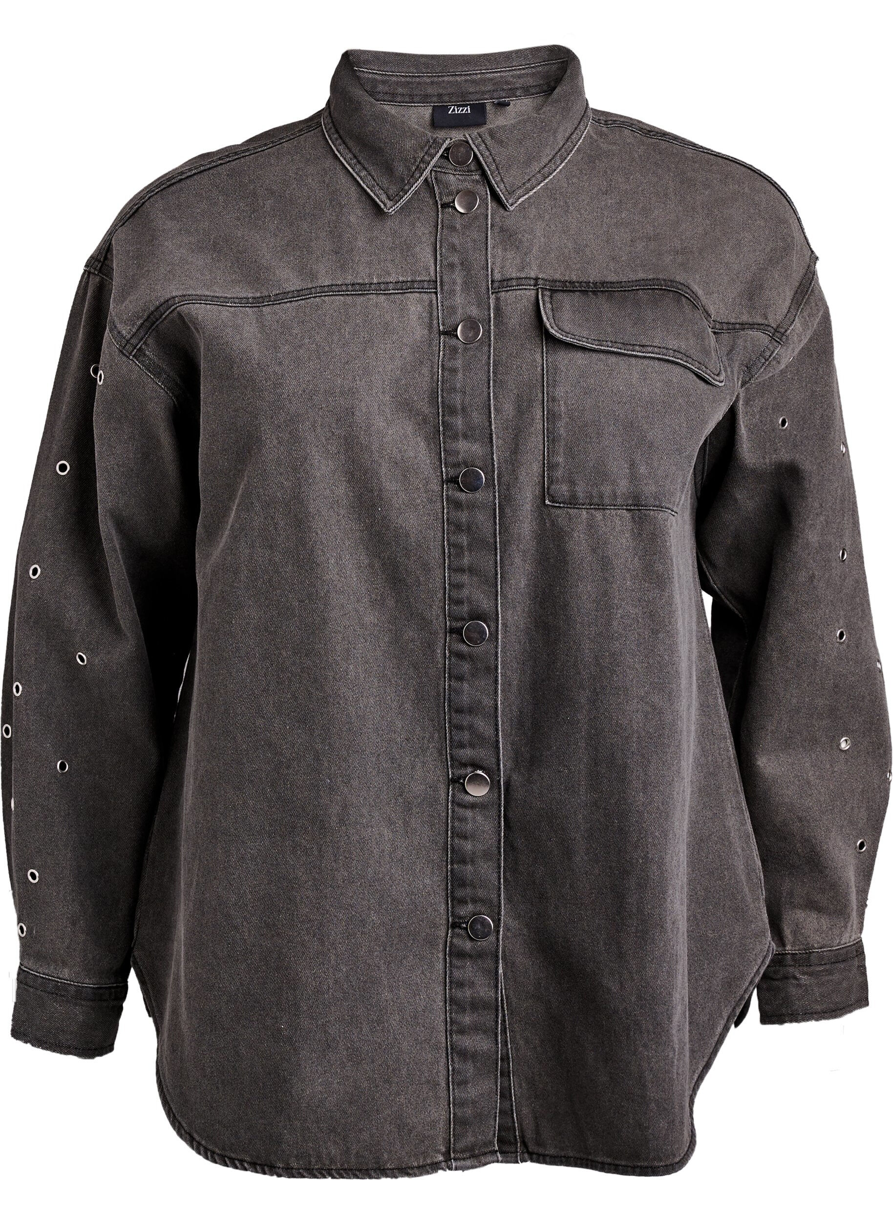 Zizzi Denim shirt met oogjes op de mouwen, Grey Denim, Packshot image number 0