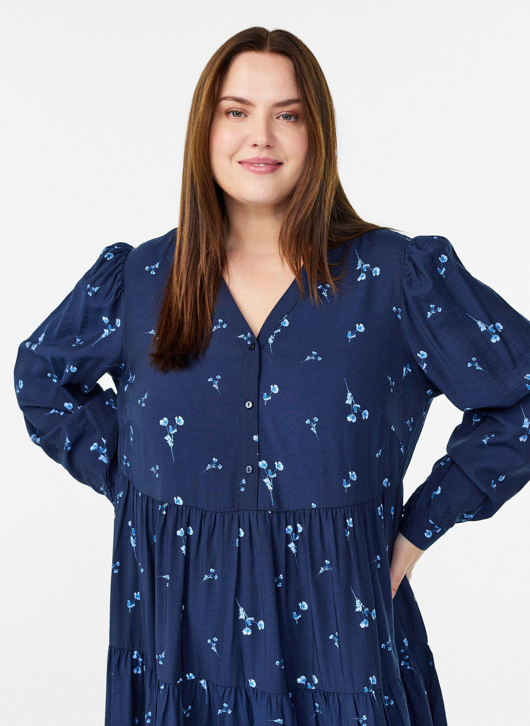 Zizzi Midijurk met V-hals en A-lijn vorm, Blauw, Model image number 2