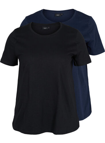 Set van 2 basic t-shirts in katoen, Black/Navy Blazer, Packshot image number 0