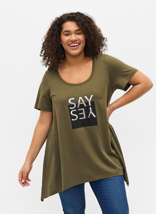 Katoenen t-shirt met korte mouwen en a-lijn, Ivy Green YES, Model image number 0