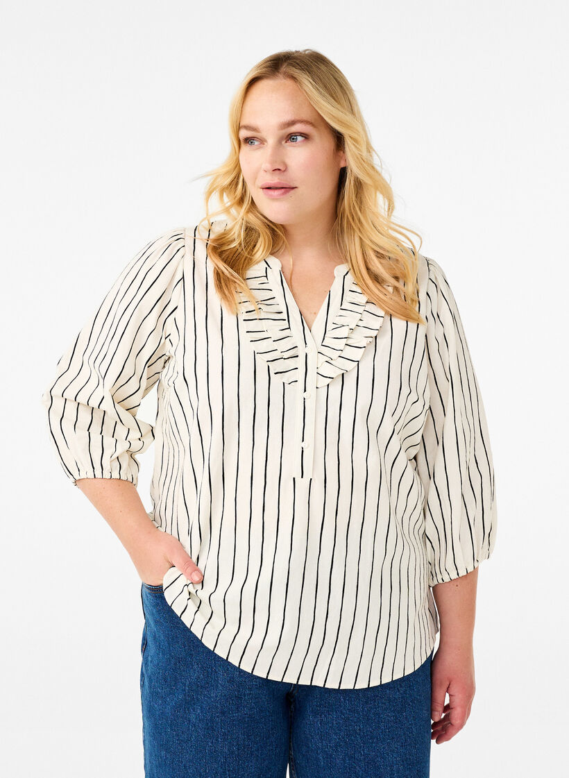 Katoenen blouse met 3/4 mouwen en strepen, Eggnog Black Stripe, Model image number 0