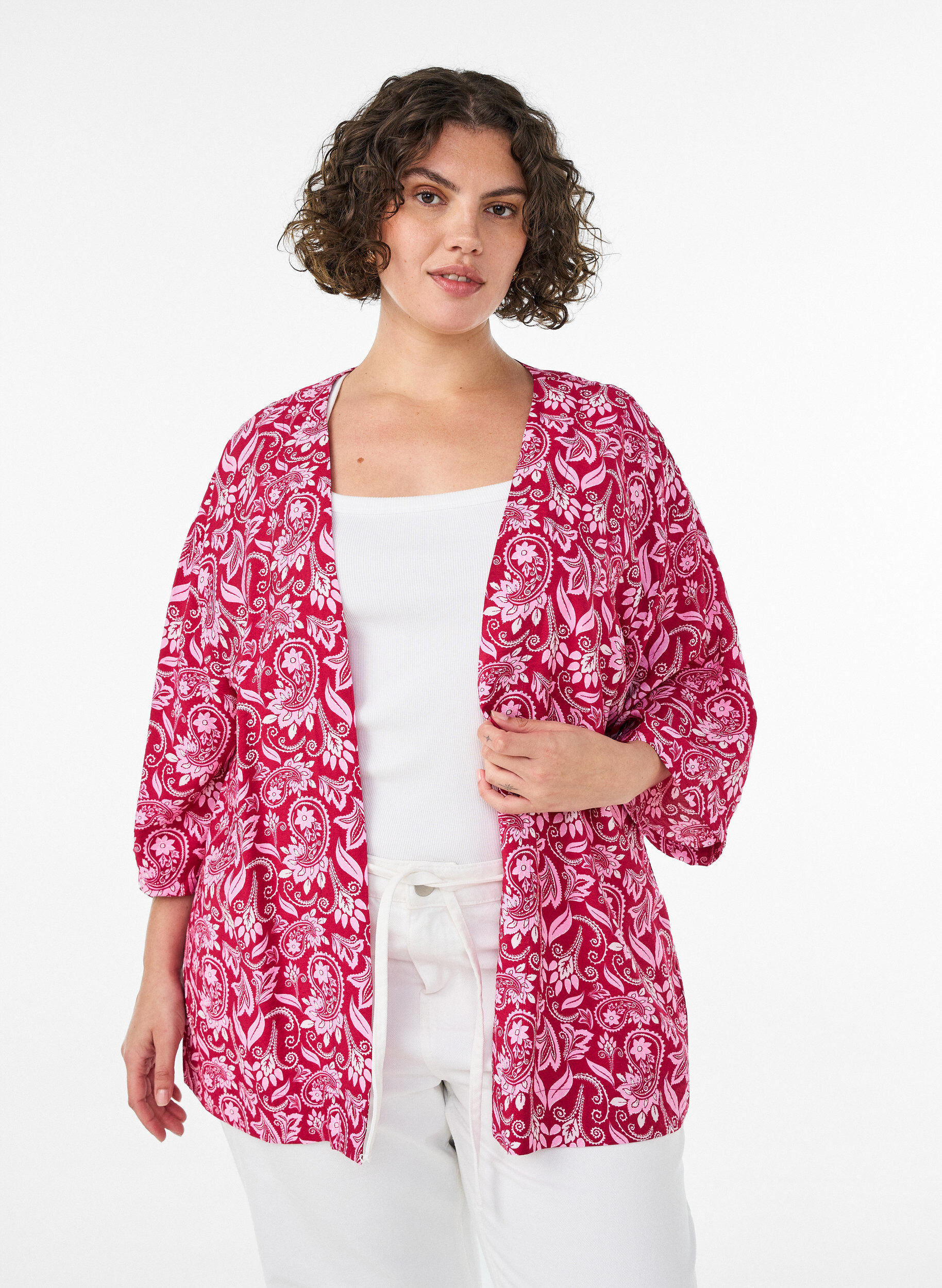 ZizziKorte viscose kimono met 3/4 mouwen, Roze, Model image number 0