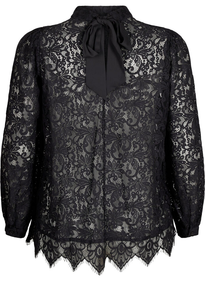 Kanten blouse met strikdetail, Black, Packshot image number 1