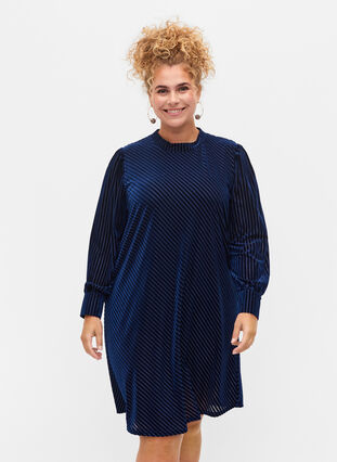 Getextureerde jurk in velours, Evening Blue, Model image number 0