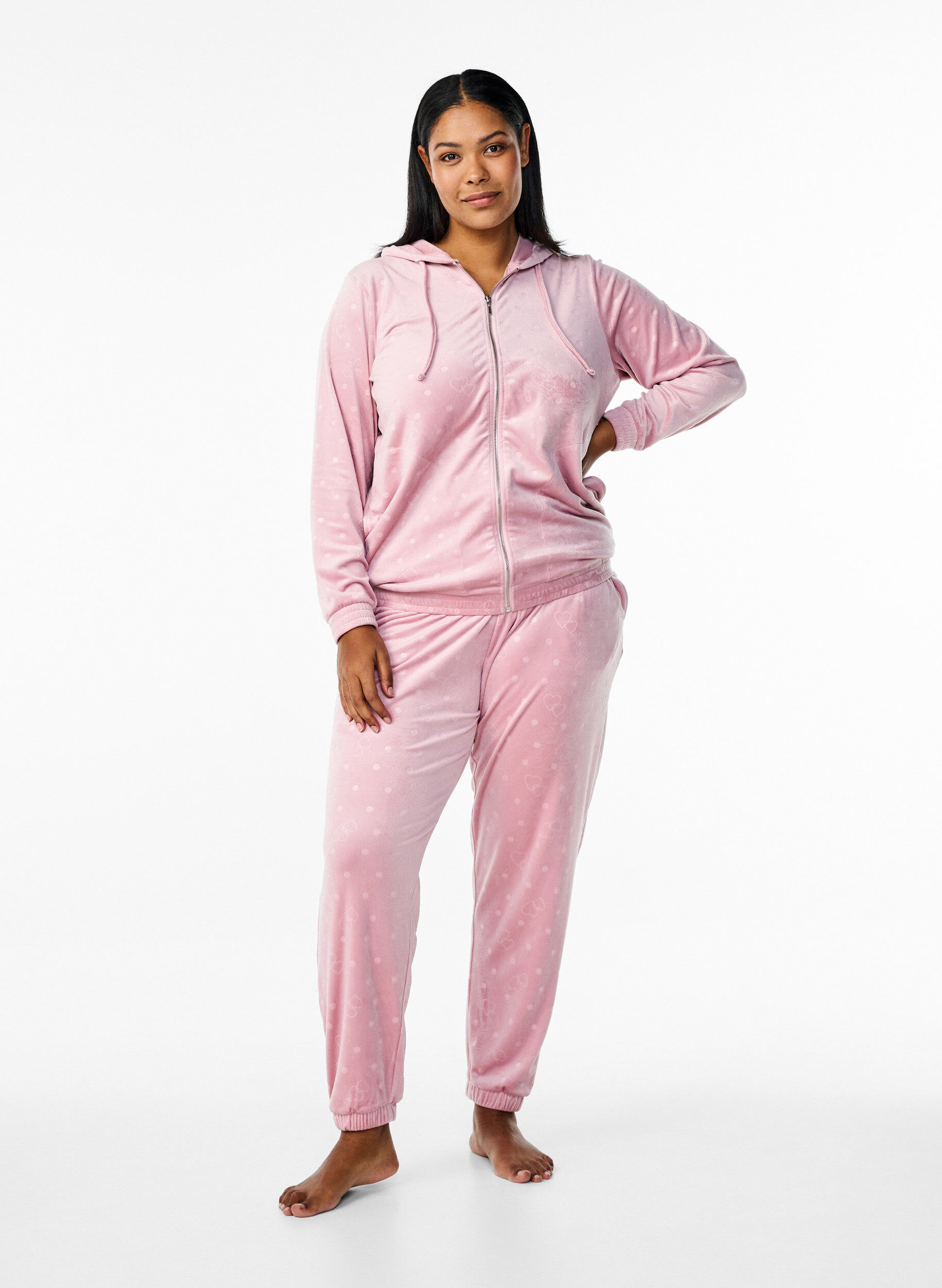 Zizzi Velour cardigan met capuchon en zakken, Roze, Model image number 1